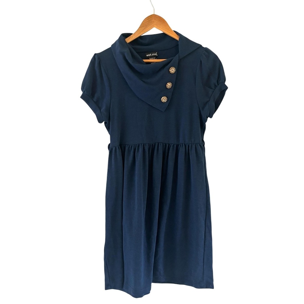 Y2K Wet Seal Cowl Neck Fit Flare Dress XL Blue Button Empire Waist Career Office